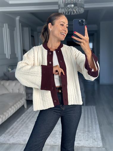 Ekru Bordo Şeritli Duble Kol Kadın Triko Hırka