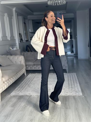 Ekru Bordo Şeritli Duble Kol Kadın Triko Hırka