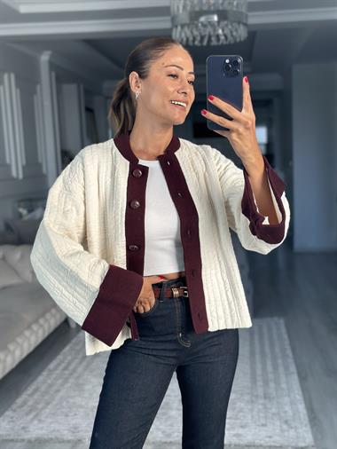 Ekru Bordo Şeritli Duble Kol Kadın Triko Hırka