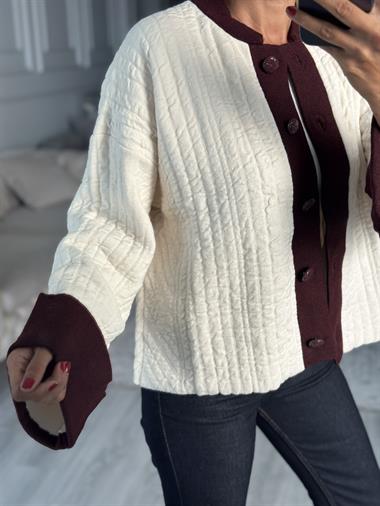 Ekru Bordo Şeritli Duble Kol Kadın Triko Hırka