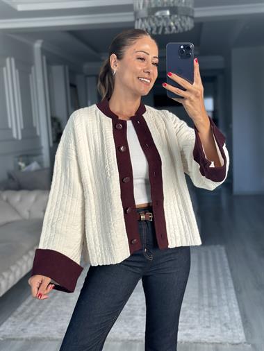 Ekru Bordo Şeritli Duble Kol Kadın Triko Hırka