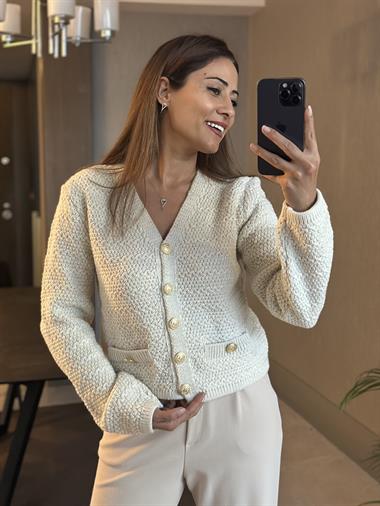 Ekru Cebi Ve Önü Düğmeli Marka Model Kadın Triko Hırka 