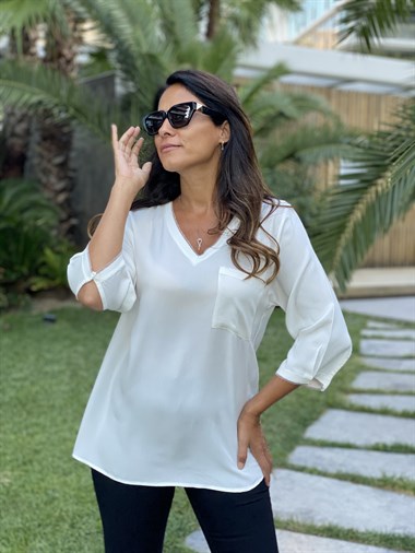Ekru Cepli V Yaka Sim Detay Kadın Bluz
