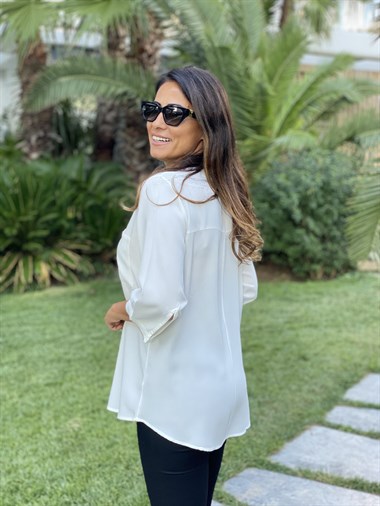 Ekru Cepli V Yaka Sim Detay Kadın Bluz