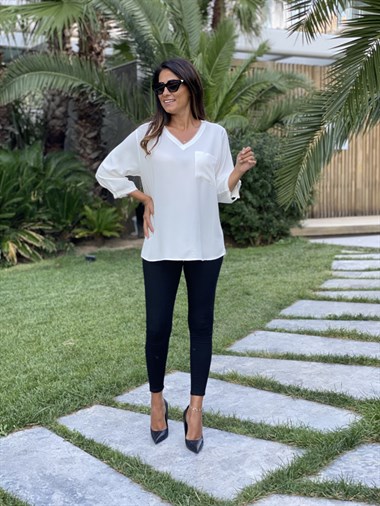 Ekru Cepli V Yaka Sim Detay Kadın Bluz