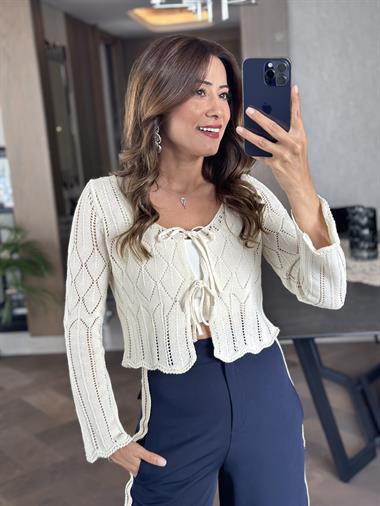 Ekru Çift Bağcıklı Crop Kadın Hırka