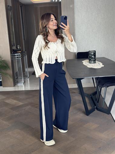 Ekru Çift Bağcıklı Crop Kadın Hırka