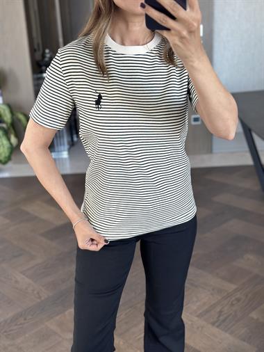 Ekru Çizgili Nakışlı Bisiklet Yaka Kadın T-Shirt