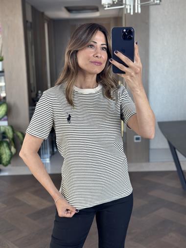 Ekru Çizgili Nakışlı Bisiklet Yaka Kadın T-Shirt
