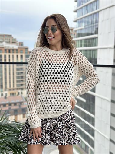 Ekru Dekolte Örgülü Kadın Triko Kazak