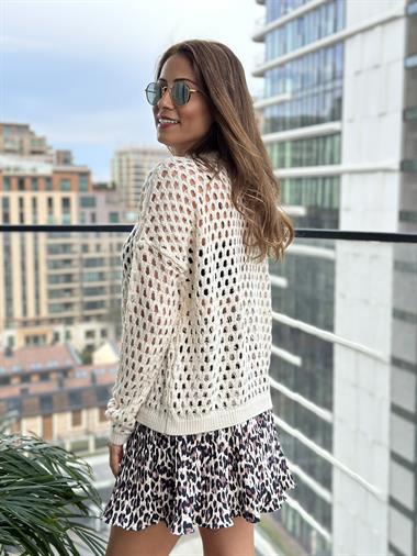 Ekru Dekolte Örgülü Kadın Triko Kazak