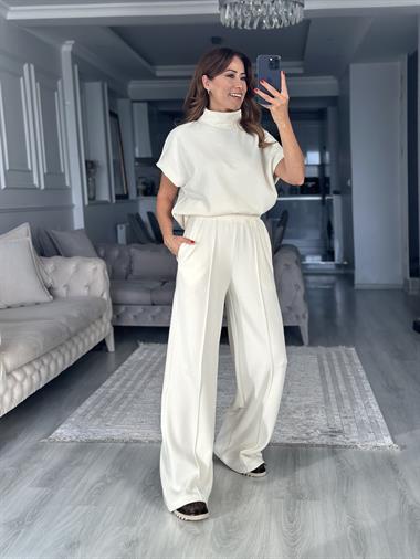 Ekru Dik Yaka Kolsuz Bluz Pantolon Selanik Kadın İkili Takım