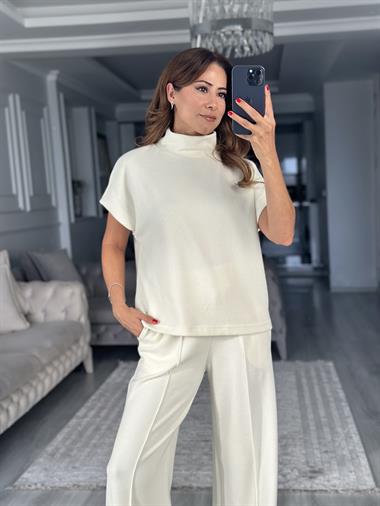 Ekru Dik Yaka Kolsuz Bluz Pantolon Selanik Kadın İkili Takım