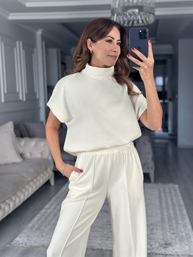 Ekru Dik Yaka Kolsuz Bluz Pantolon Selanik Kadın İkili Takım