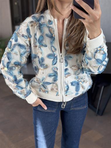 Ekru Fermuarlı Tül Detay Kadın Tasarım Triko Hırka 