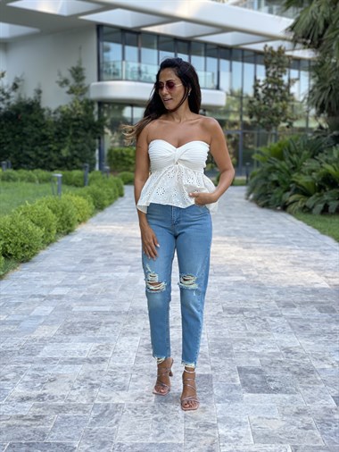 Ekru Garnili Triko Top Kadın Bluz