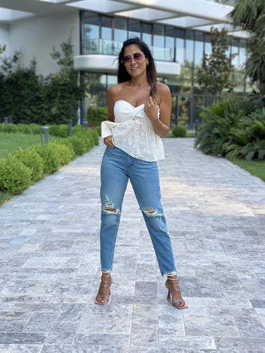 Ekru Garnili Triko Top Kadın Bluz