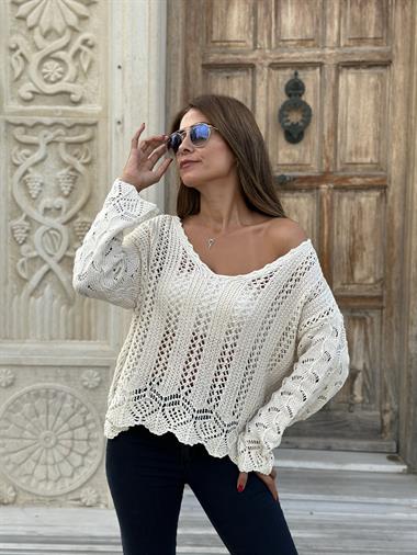 Ekru Geniş V Yaka Ajurlu Triko Kadın Kazak