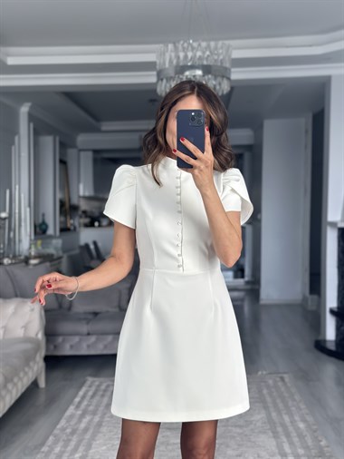 Ekru Hakim Yaka Lale Kol Kadın Mini Elbise 