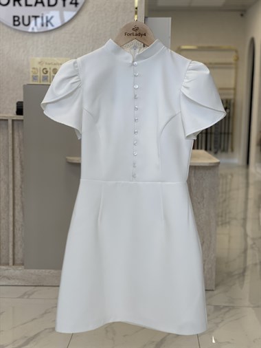 Ekru Hakim Yaka Lale Kol Kadın Mini Elbise 