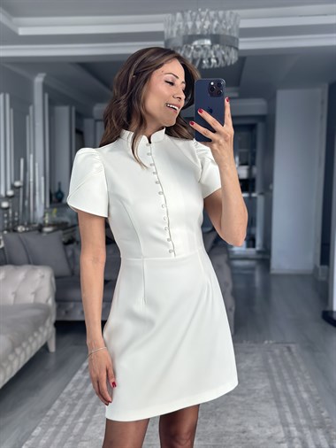 Ekru Hakim Yaka Lale Kol Kadın Mini Elbise 