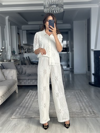 Ekru içi Astarlı Güpürlü Kadın Pantolon