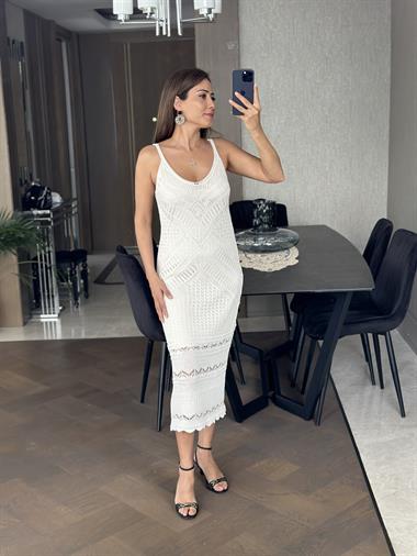 Ekru İnce Askılı Ajur Desenli Triko Kadın Elbise
