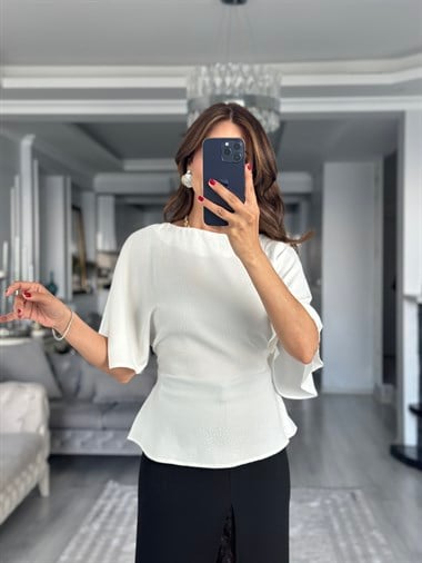 Ekru Jakarlı Saten Yarasa Kol Bağlama Detay Kadın Bluz