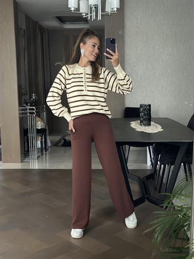 Ekru Kahverengi Çizgili Onbir Düğmeli Kadın Kazak