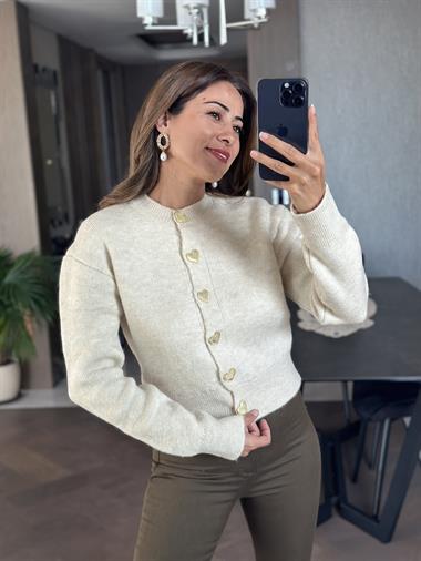 Ekru Kalp Düğmeli Kadın Triko Hırka