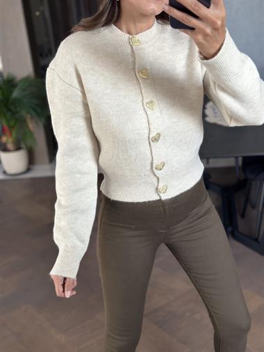 Ekru Kalp Düğmeli Kadın Triko Hırka