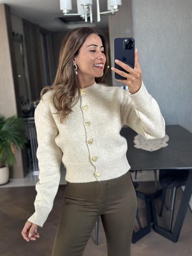 Ekru Kalp Düğmeli Kadın Triko Hırka