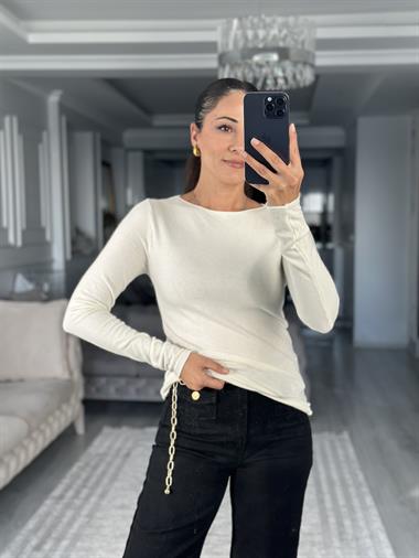 Ekru Kayık Yaka Kaşmirli Ultra Hafif Kadın Kazak