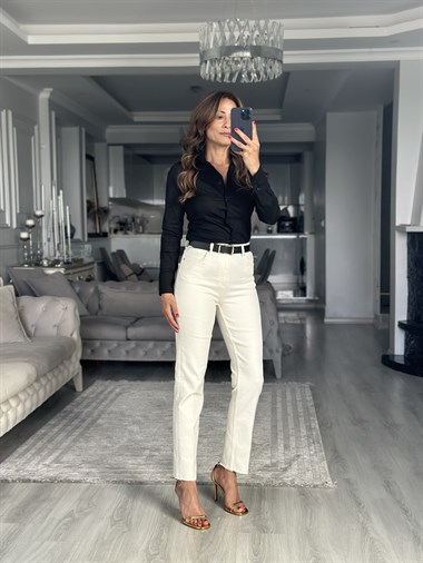 Ekru Kemerli Straight Cut Kadın Jean Pantolon