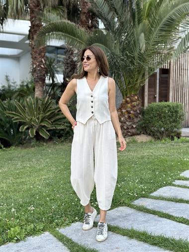 Ekru Keten Dört Düğmeli Yelek Balon Pantolon Kadın Alt Üst Takım