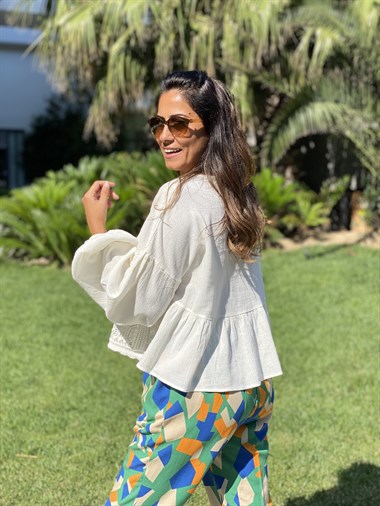 Ekru Keten Triko Detaylı Kadın Gömlek Bluz