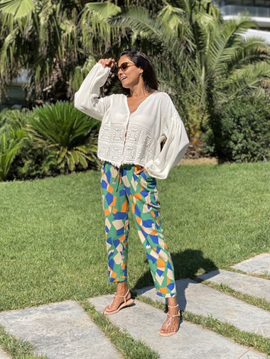 Ekru Keten Triko Detaylı Kadın Gömlek Bluz