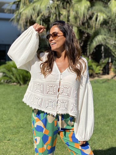 Ekru Keten Triko Detaylı Kadın Gömlek Bluz