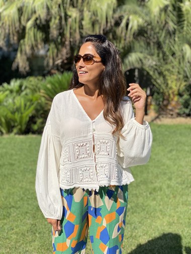 Ekru Keten Triko Detaylı Kadın Gömlek Bluz