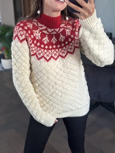 Ekru Kırmızı Desenli Marka Model Triko Kadın Kazak