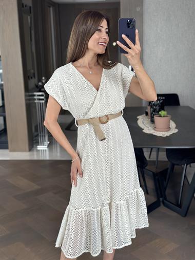 Ekru Kruvaze Yaka Kemerli Brode Kadın Elbise
