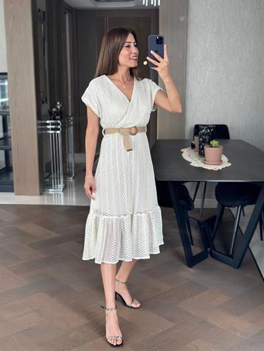 Ekru Kruvaze Yaka Kemerli Brode Kadın Elbise