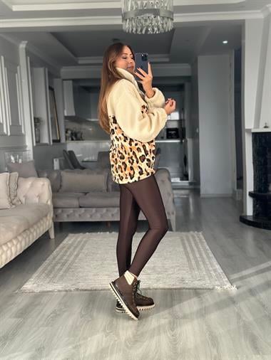 Ekru Leopar Desenli Cepli Beli Lastikli Kadın Sweatshirt