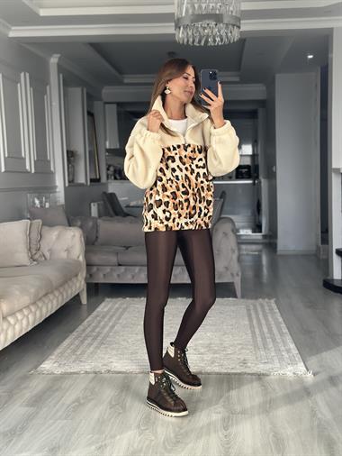 Ekru Leopar Desenli Cepli Beli Lastikli Kadın Sweatshirt