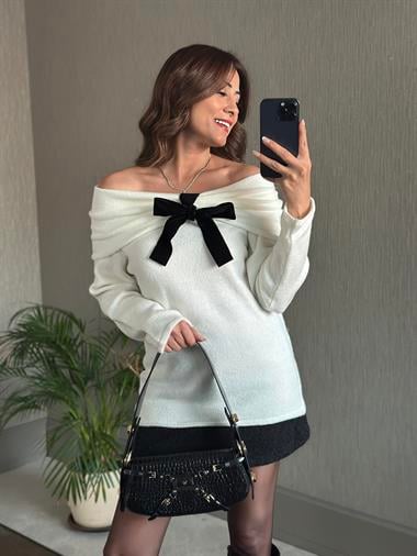 Ekru Madonna Yaka Fiyonk Detaylı Kadın Yumoş Kazak