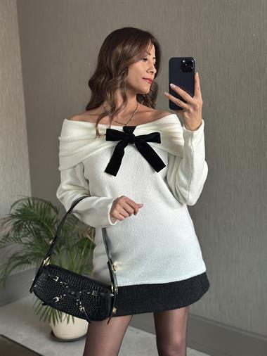 Ekru Madonna Yaka Fiyonk Detaylı Kadın Yumoş Kazak