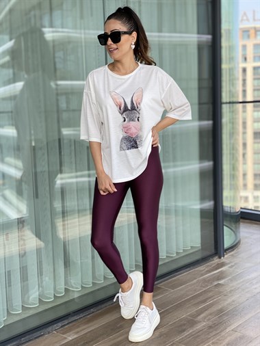 Ekru Maskeli Tavşan Baskılı T-Shirt