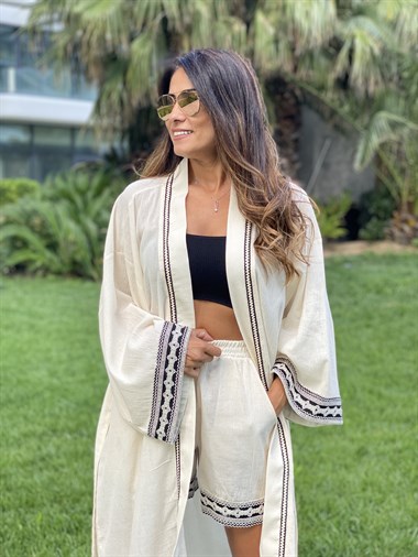 Ekru Nakış Detay  Keten Şortlu Kadın Kimono Takım