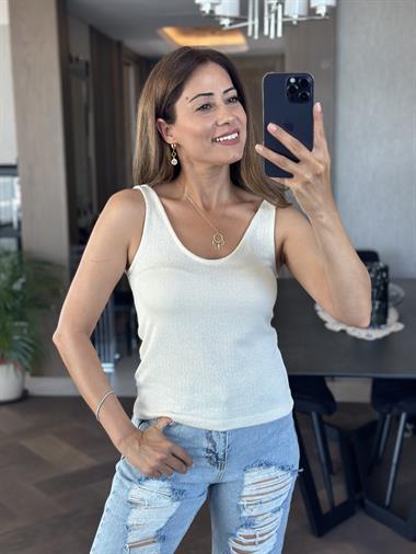 Ekru Ön Arka U Yaka Askılı Merserize Kadın Bluz