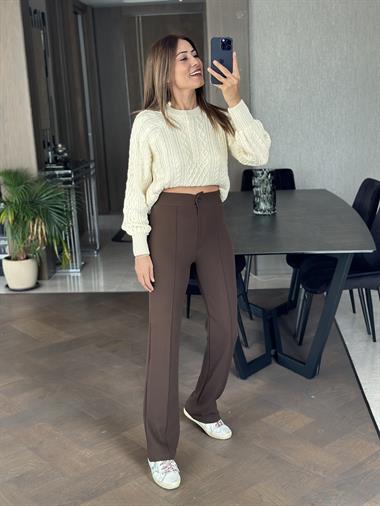 Ekru On Düğmeli Saç Örgü Kadın Triko Kazak